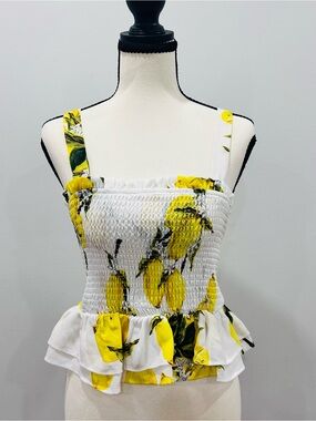 Helen Owen x AQUA Smocked Lemon Ruffle Peplum Hem Tank Top White & Yellow Medium